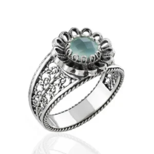 Daisy Figured Aqua Chalcedony Gemstone Filigree Art Women Silver Cocktail Ring - Elegant and Unique | Perfect for Everyday Wear and Special Occasions