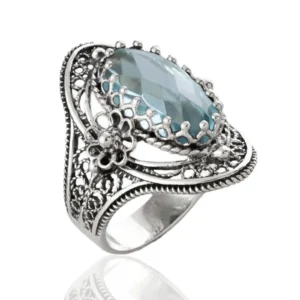 Blue Topaz Gemstone Sterling Silver Women Statement Ring with Daisy Figures