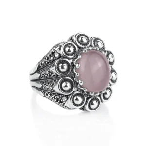 Filigree Art Rose Quartz Gemstone Women Statement Dome Ring