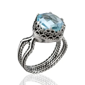 Blue Topaz Gemstone Filigree Art Women Sterling Silver Cocktail Ring