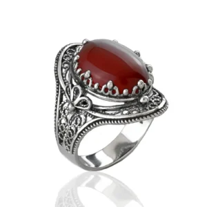 Carnelian Gemstone Filigree Art Woman Silver Statement Ring