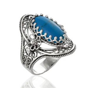 Turquoise Gemstone Sterling Silver Filigree Art Women Oval Statement Ring