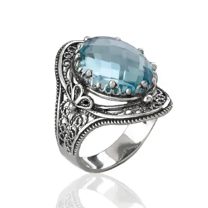 Blue Topaz Gemstone Filigree Art Woman Silver Statement Ring | Handmade Jewelry