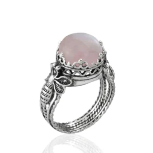 Bee Detailed Rose Quartz Gemstone Filigree Art Women Silver Cocktail Ring