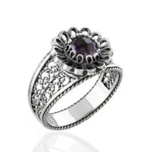 Daisy Figured Amethyst Gemstone Filigree Art Women Silver Cocktail Ring