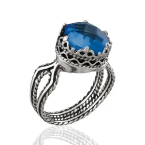 Blue Quartz Gemstone Filigree Art Women Sterling Silver Cocktail Ring