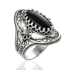 Black Onyx Gemstone Sterling Silver Women Statement Ring with Daisy Figures