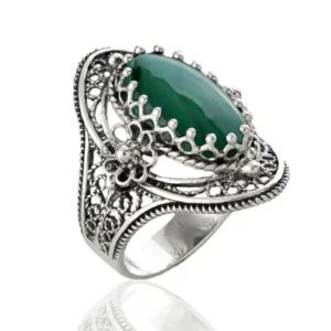 Malachite Gemstone Sterling Silver Women Statement Ring with Daisy Figures