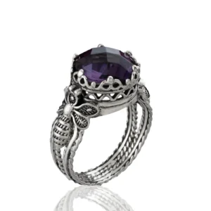 Bee Detailed Amethyst Gemstone Filigree Art Women Silver Cocktail Ring