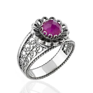 Daisy Figured Ruby Corundum Gemstone Filigree Art Women Silver Cocktail Ring