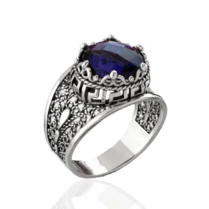 Meander Pattern Filigree Art Amethyst Gemstone Women Silver Cocktail Ring
