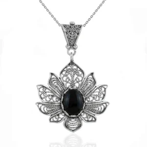 Filigree Art Black Onyx Gemstone Lotus Flower Women Silver Pendant Necklace