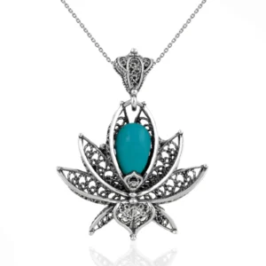 Filigree Art Turquoise Gemstone 3D Lotus Flower Women Silver Pendant Necklace