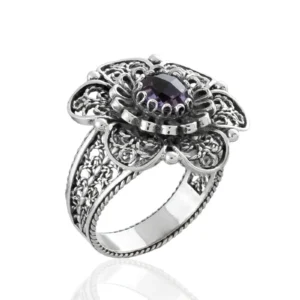 Filigree Art Amethyst Gemstone Women Silver Statement Ring - Elegant Design