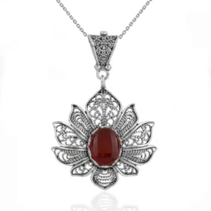 Filigree Art Carnelian Gemstone Lotus Flower Women Silver Pendant Necklace - Handcrafted 925 Sterling Silver Jewelry