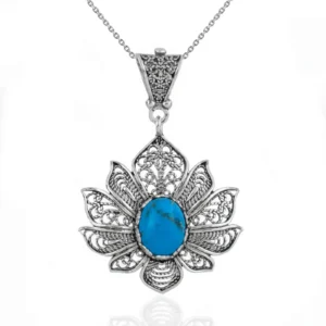 Exquisite Handcrafted Filigree Art Turquoise Gemstone Lotus Flower Women Silver Pendant Necklace
