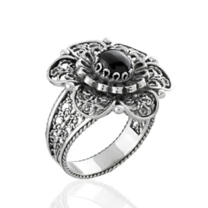 Filigree Art Black Onyx Gemstone Women Silver Statement Ring - Elegant Jewelry for Any Occasion