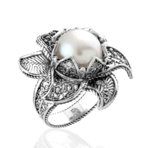 Filigranist 925 Sterling Silver Lotus Flower Women Ring | Freshwater Pearl Statement Ring