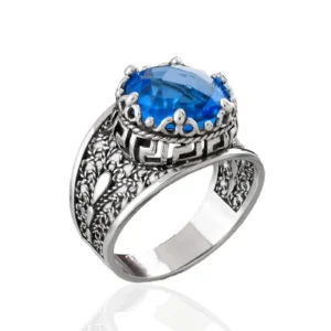Meander Pattern Filigree Art Blue Quartz Gemstone Women Silver Cocktail Ring