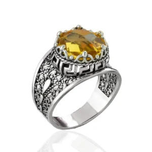 Meander Pattern Filigree Art Citrine Gemstone Sterling Silver Cocktail Ring