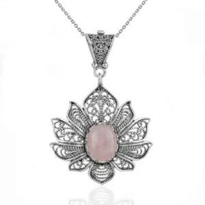 Filigree Art Rose Quartz Gemstone Lotus Flower Women Silver Pendant Necklace