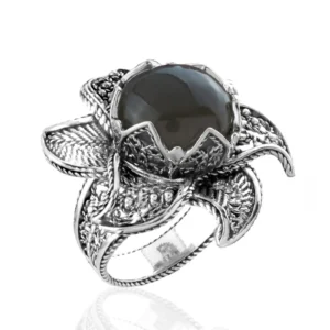 Lotus Flower Gray Moonstone Gemstone Women Silver Statement Ring