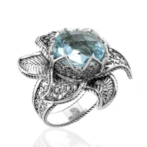 Lotus Flower Blue Topaz Gemstone Silver Statement Ring | Filigranist 925 Sterling