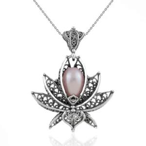 Filigree Art Pink Pearl Gemstone 3D Lotus Flower Women Silver Pendant Necklace