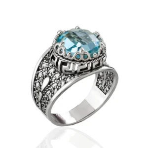 Meander Pattern Filigree Art Blue Topaz Gemstone Women Silver Cocktail Ring - Elegant and Unique Jewelry