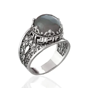 Meander Pattern Filigree Art Gray Moonstone Gemstone Women Silver Cocktail Ring