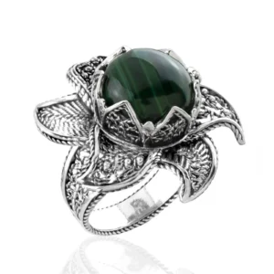 Lotus Flower Malachite Gemstone Women Silver Statement Ring