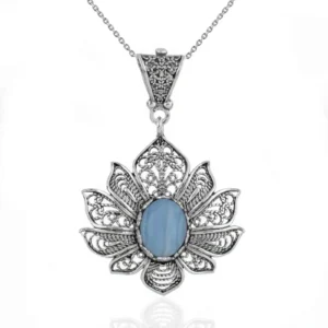 Filigree Art Blue Lace Agate Gemstone Lotus Flower Women Silver Pendant Necklace | Handcrafted 925 Sterling Silver Jewelry