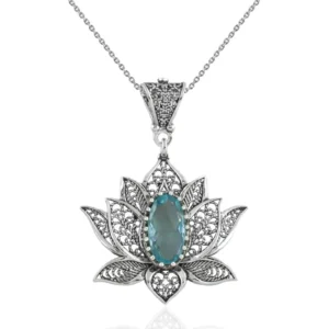 Filigree Art Blue Topaz Gemstone Blossoming Lotus Flower Women Silver Pendant Necklace