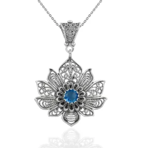 Filigree Art Silver Lotus Flower Blue Quartz Pendant Necklace | Handcrafted Women's Jewelry