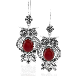 Filigree Art Owl Figured Carnelian Gemstone 925 Silver Dangle Earrings for Women