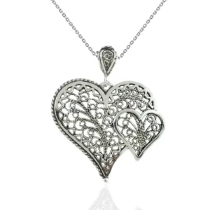 Filigree Art Double Heart Women Silver Pendant Necklace