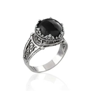 Greek Key Pattern Filigree Art Black Onyx Gemstone Women Silver Cocktail Ring