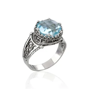 Greek Key Pattern Filigree Art Blue Topaz Gemstone Women Silver Cocktail Ring - Elegant and Stylish