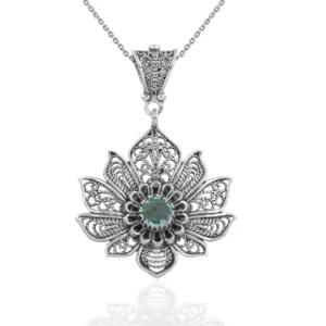 Shop the Stunning Filigree Art Silver Lotus Flower Pendant Necklace with Blue Topaz Gemstone