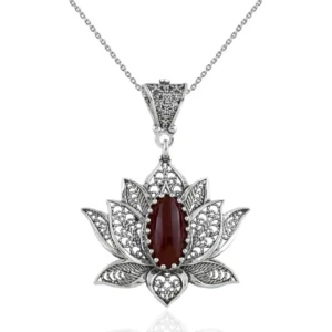 Filigree Art Carnelian Gemstone Blossoming Lotus Flower Women Silver Pendant Necklace