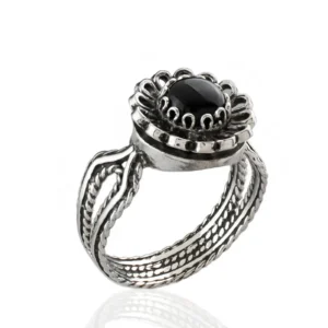 Black Onyx Gemstone Sterling Silver Women Cocktail Ring - Elegant Lace Flower Design