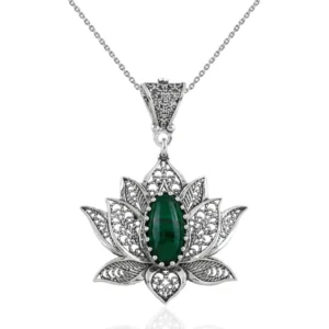 Filigree Art Malachite Gemstone Blossoming Lotus Flower Women Silver Pendant Necklace
