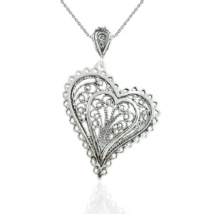 Filigree Art Asymmetric Heart Women Silver Pendant Necklace - Handcrafted and Elegant
