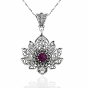 Filigree Art Silver Lotus Flower Ruby Corundum Gemstone Women Pendant Necklace | July Birthstone Jewelry