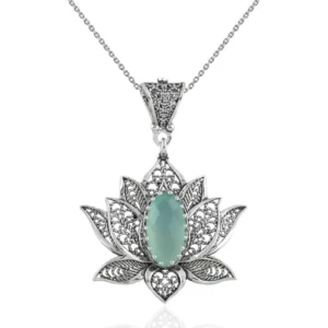 Filigree Art Aqua Chalcedony Gemstone Blossoming Lotus Flower Women Silver Pendant Necklace