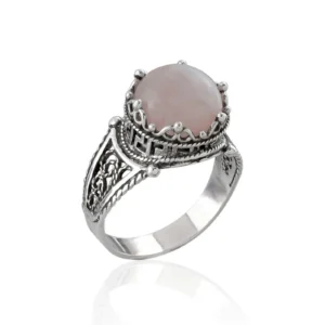 Greek Key Pattern Filigree Art Rose Quartz Gemstone Women Silver Cocktail Ring