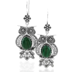 Filigree Art Owl Figured Malachite Gemstone Women Silver Dangle Earrings - Exquisite Handcrafted Jewelry