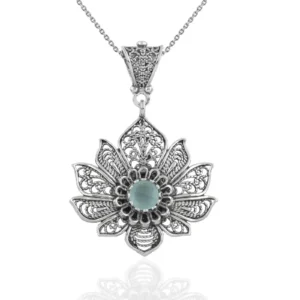 Filigree Art Silver Lotus Flower Aqua Chalcedony Gemstone Women Pendant Necklace
