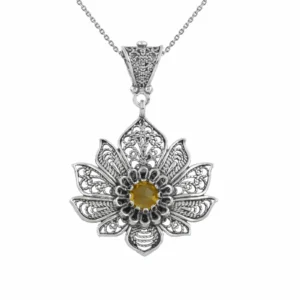 Filigree Art Silver Lotus Flower Citrine Gemstone Women Pendant Necklace