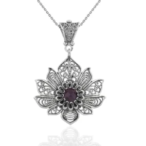 Filigree Art Silver Lotus Flower Amethyst Gemstone Women Pendant Necklace | Elegant Design | Sterling Silver | Gift Box Included